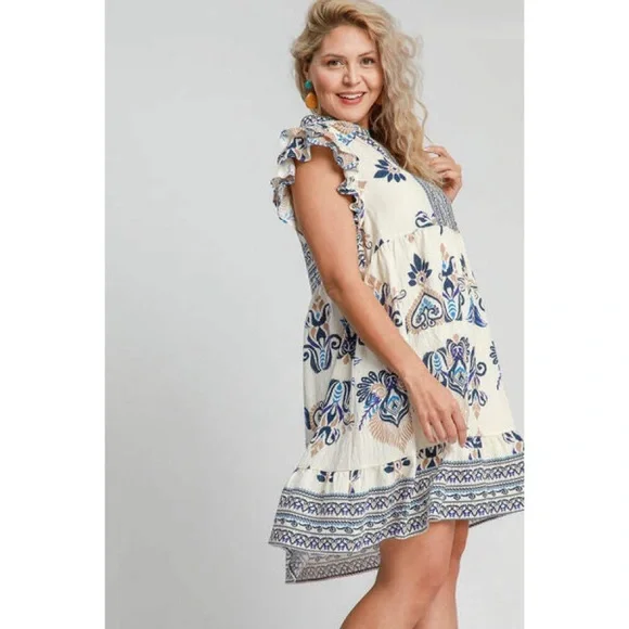 Umgee Two Toned Boarder Print Dress in Navy size XL - Picture 3 of 10